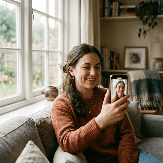 A woman recording a heartfelt video message to her future self on her phone at home